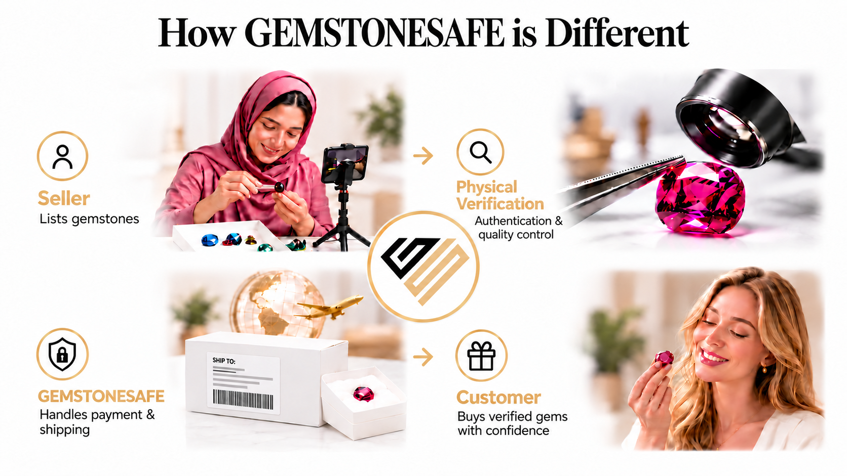 How GemstoneSafe is different: the seller lists gemstones, each stone goes through physical verification for authentication and quality control, GemstoneSafe handles payment and shipping, and the customer buys verified gems with confidence.