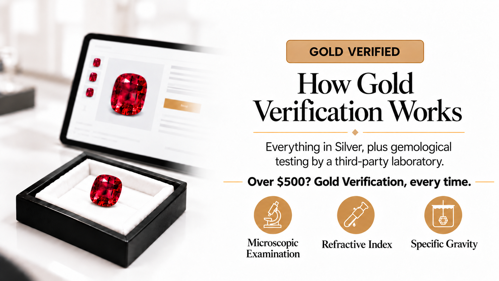 How Gold Verification works: everything in Silver, plus gemological testing by a third-party laboratory — microscopic examination, refractive index and specific gravity. Over $500? Gold Verification, every time.